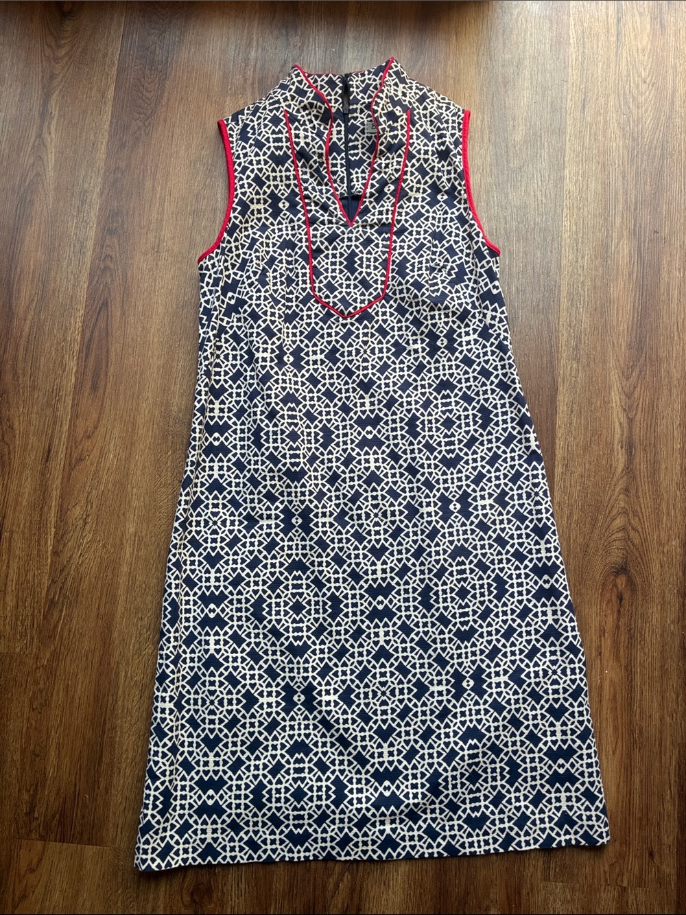 Eliza J Navy and White Geometric Sleeveless Midi Dress with Red Trim